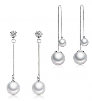 ISAACSONG.DESIGN 925 Sterling Silver Pearl Long Dangle Drop Earring for Women Crystal Moon Star Charms