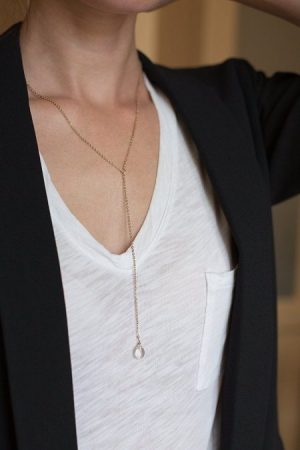 Benevolence LA Gold Chain Necklace for Women 14K Gold Dipped Y Necklace Water Droplet Pendant with Lariat Style Chain Necklace Dainty, Hand Wrapped Celebrity Approved and Eco Friendly By
