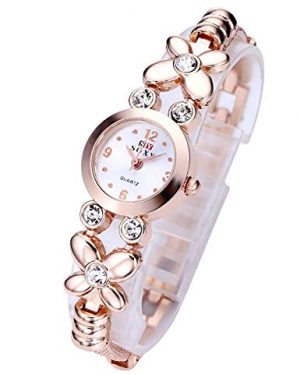 Top Plaza Fashion Womens Girls Crystal Accented Flower Design Rose Gold Metal Luxury Bracelet Watch