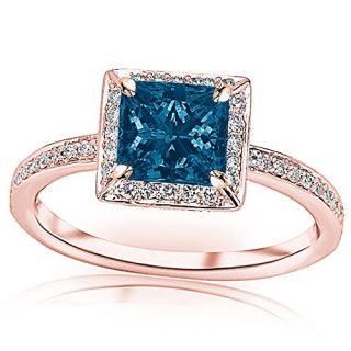 1.3 Carat t.w 14K White Gold Victorian Halo Style Square Shaped Pave Set Round Diamond Engagement Ring w/ a 1 Carat Princess Cut Blue Diamond Heirloom Quality