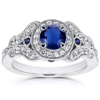 Antique Milgrain Sapphire and Diamond Engagement Ring 1 Carat (ctw) in 14k White Gold