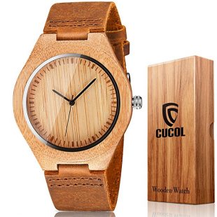 CUCOL Men's Bamboo Wooden Watch with Brown Cowhide Leather Strap Japanese Quartz Movement Casual Watches