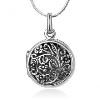 Chuvora 925 Oxidized Sterling Silver Open Filigree Vintage Flower Vine Round Locket Pendant Necklace, 18”