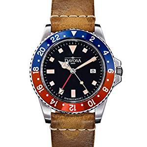 Davosa Professional Men Watch, Quality Swiss Made Quartz, GMT Dual Time Analog Dial, Luxury Vintage Leather Fashion Wrist Band 