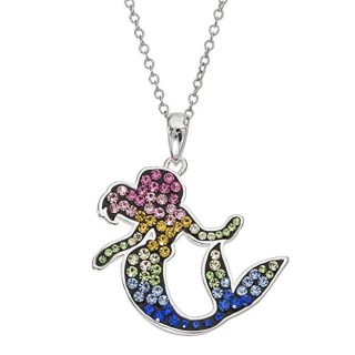 Disney Little Mermaid Jewelry for Women and Girls, Ariel Silver-Plated Brass Rainbow Swarovski Crystal Necklace with Pendant, 18” Chain