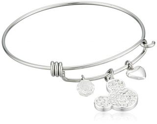 Disney Stainless Steel Catch Bangle with Silver Plated Crystal Mickey Mouse Head, I Love Mickey Heart and Crystal Bead Charm Bangle Bracelet