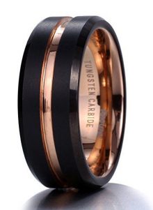 King Will Duo Mens 8mm Black Matte Finish Tungsten Carbide Ring 18K Rose Gold Plated Beveled Edge Wedding Band