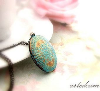 Locket Necklace with blue Moroccan carvings in antique bronze Vintage style oval photo box