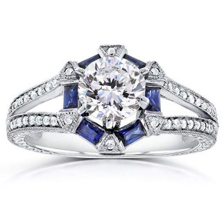 Near-Colorless (F-G) Art Deco Moissanite Engagement Ring with Sapphire & Diamond