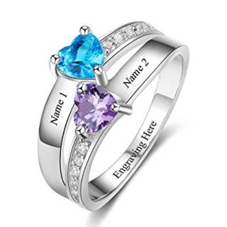 Sterling Silver Engagement Ring Promise Ring For Her 2 Heart Birthstones 2 Names & 1 Engraving Customized & Personalized