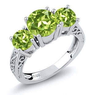Sterling Silver Round Green VS Peridot 3-Stone Women's Ring 2.35 Carat (Available 5,6,7,8,9)