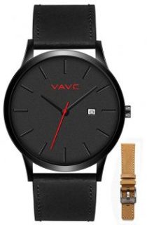 VAVC Men's Black Leather Band Causal Analog Dress Quartz Wrist Watch with Black Face and Simple Design