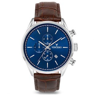 Vincero Luxury Men's Chrono S Wrist Watch - Top Grain Italian Leather Watch Band - 43mm Chronograph Watch - Japanese Quartz Movement