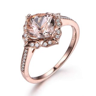 6.5mm Cushion Morganite Engagement Ring,14K Rose Gold, Vintage Floral Design, Diamond Wedding, Bridal Ring