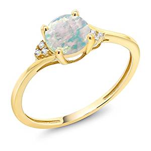 10k Yellow Gold Diamond Accent Engagement Ring Set with 6mm 0.35 Ct Cabochon White Simulated Opal (Available 5, 6, 7, 8, 9)