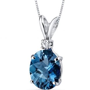 14 Karat White Gold Oval Shape 3.00 Carats London Blue Topaz Diamond Pendant