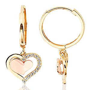 14K Rose and Yellow Gold Heart Dangling Earrings with CZ for Women and Girls
