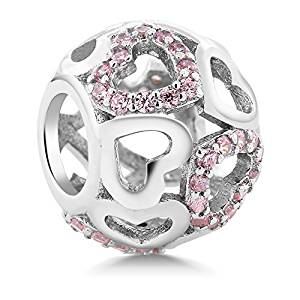 9. Pink CZ Heart Inlay Round Bracelet Bead Charm Compatible W/Pandora Bracelets