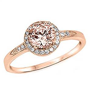 925 Sterling Silver Halo Ring Rose Tone Rhodium PL Round Simulated Morganite Clear CZ Promise Ring