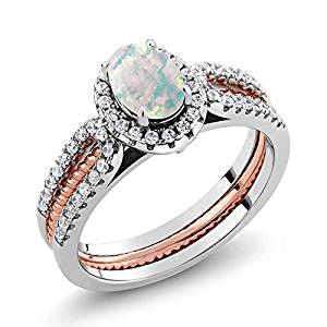 925 Two-Tone Sterling Silver Simulated Opal Wedding Band Insert Ring 1.25 Ctw (Available 5,6,7,8,9)