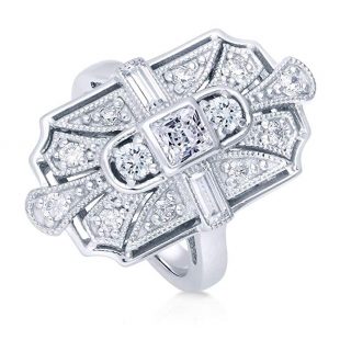 BERRICLE Rhodium Plated Silver Princess Cut Cubic Zirconia CZ Art Deco Cocktail Statement Ring