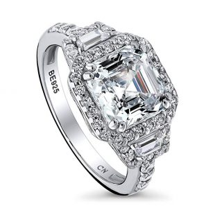 BERRICLE Rhodium Plated Sterling Silver Asscher Cut Cubic Zirconia CZ Halo Art Deco Engagement Ring