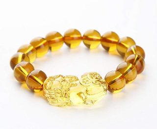 Feng Shui Citrine Gem Stone Wealth Porsperity 12mm Bracelet with Pi Xiu Pi Yao, Attract Wealth and Good Luck, Deluxe Gift Box Included