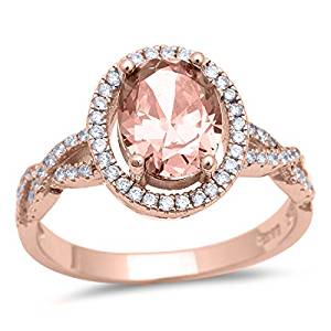 Halo Infinity Shank Ring Oval Simulated Morganite Round CZ Rose Tone Plated 925 Sterling Silver $21.84