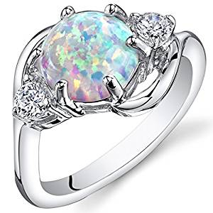 PEORA Created Opal Ring Sterling Silver 3 Stone 1.75 Carats Sizes 5 to 9