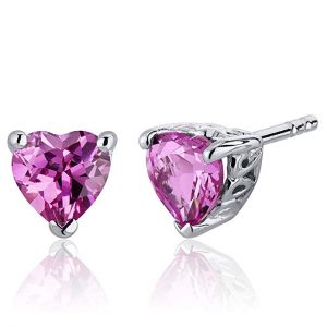 PEORA Created Pink Sapphire Heart Shape Stud Earrings Sterling Silver 2.00 Carats