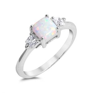 Solitaire 3 Stone Wedding Ring Lab Created White Opal Princess Cut Square and CZ 925 Sterling Silver