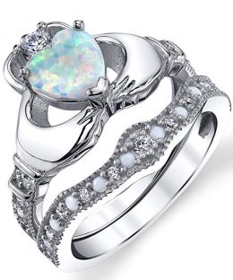 Sterling Silver 925 Heart Shape Claddagh Engagement Ring Wedding Bridal Sets with White Simulated Opal and Cubic Zirconia