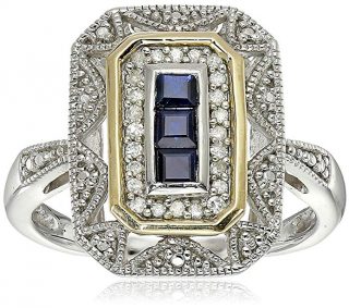 Sterling Silver and 14k Yellow Gold Blue Sapphire and Diamond Accent Art Deco-Style Ring (1/10 cttw, I-J Color, I3 Clarity)