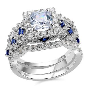 ewshe Engagement Wedding Ring Set 925 Sterling Silver 3pcs 2.5ct Princess White Cz Blue Size 5-10