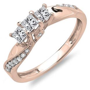 0.50 Carat (ctw) 10K Gold Princess and Round Diamond 3 Stone Swirl Engagement Bridal Ring