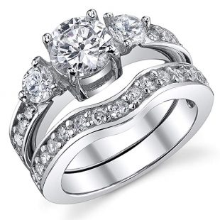 0.75 Carat Round Cubic Zirconia Past, Present, Future Sterling Silver 925 Wedding Engagement Ring Band Set