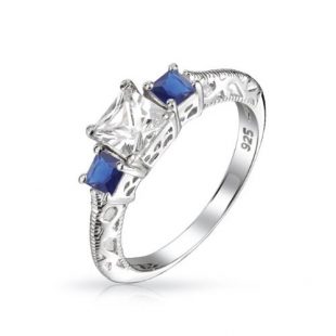 1 CTW 3 Stone Promise Engagement Ring Past Present Future Princess Cut Simulated Sapphire CZ 925 Silver