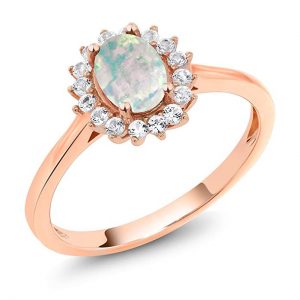 10K Rose Gold Cabochon White Simulated Opal and White Created Sapphire Women's Ring 0.87 Ctw