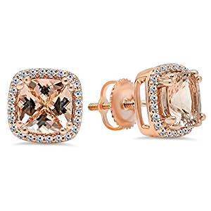 14K Rose Gold Round Morganite & White Diamond Ladies Halo Style Stud Earrings