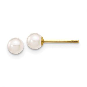14k Yellow Gold Gold 3-4mm Round White Saltwater Akoya Cultured Pearl Post Stud Earrings for Women