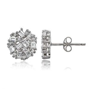 Sterling Silver Baguette and Round-Cut Cubic Zirconia Cluster Round Stud Earrings