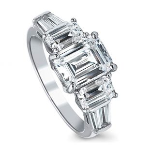 BERRICLE Rhodium Plated Silver Emerald Cut Cubic Zirconia CZ 3-Stone Engagement Ring 4.09