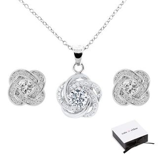 Cate & Chloe Stella Jewelry Set, 18k White Gold Cubic Zirconia Pendant Necklace and Stud Earrings, Bridal Jewelry Set, Cluster Necklace Earring Set for Women, Halo Jewelry Set