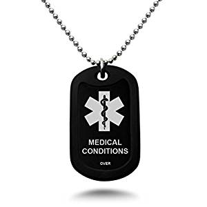 Custom Engraved Medical Alert ID Aluminum Dog Tag Necklace with Stainless Steel bead Chain MADE IN USA (Black)