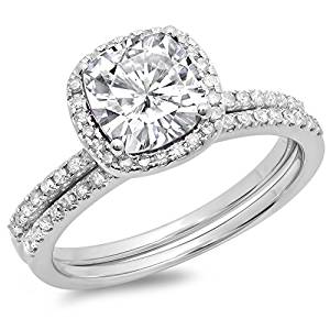 Dazzlingrock Collection 10K Gold Cushion Created White Sapphire & Round White Diamond Bridal Halo Engagement Ring Set