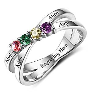 Diamondido Custom Mothers Rings with 4 Simulated Birthstones Personalized Names Grandmother Promise Rings for Women
