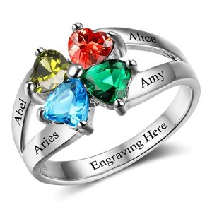 Diamondido Personalized Gift for Mommy Engrave 4 Names 4 Childrens Simulated Birthstone Promise Rings for Women