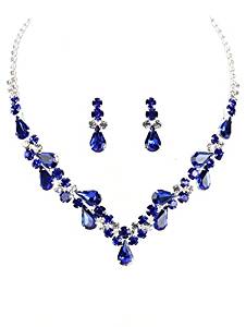 Elegant Clear & Deep Blue Rhinestone Teardrop Bib Statement Necklace, 14”, with Post-Back Drop Earrings 