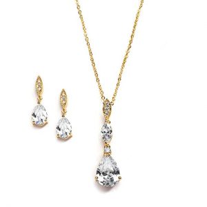 Gold Plated Pear Shaped Bridesmaid Necklace and Earring Set