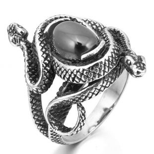 INBLUE Men's Stainless Steel Ring Simulated Agate Silver Tone Black Snake Hollow Openwork